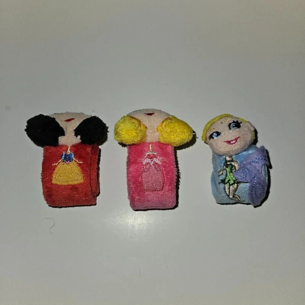 3 Disney Princess Plush Slap Bracelet Lot Snow White Tinkerbell Aurora